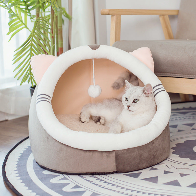 Warm Enclosed Cat Cave Bed – Plush Winter Cat House with Cushion