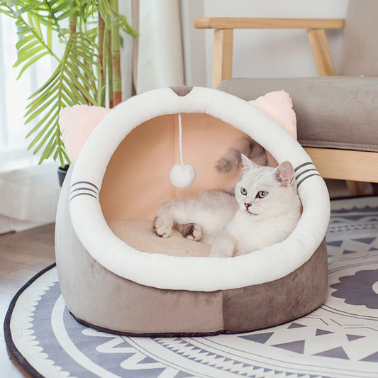Warm Enclosed Cat Cave Bed – Plush Winter Cat House with Cushion
