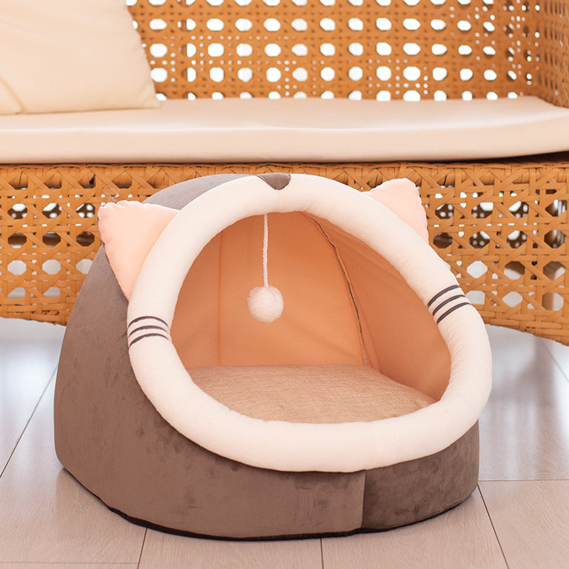 Warm Enclosed Cat Cave Bed – Plush Winter Cat House with Cushion
