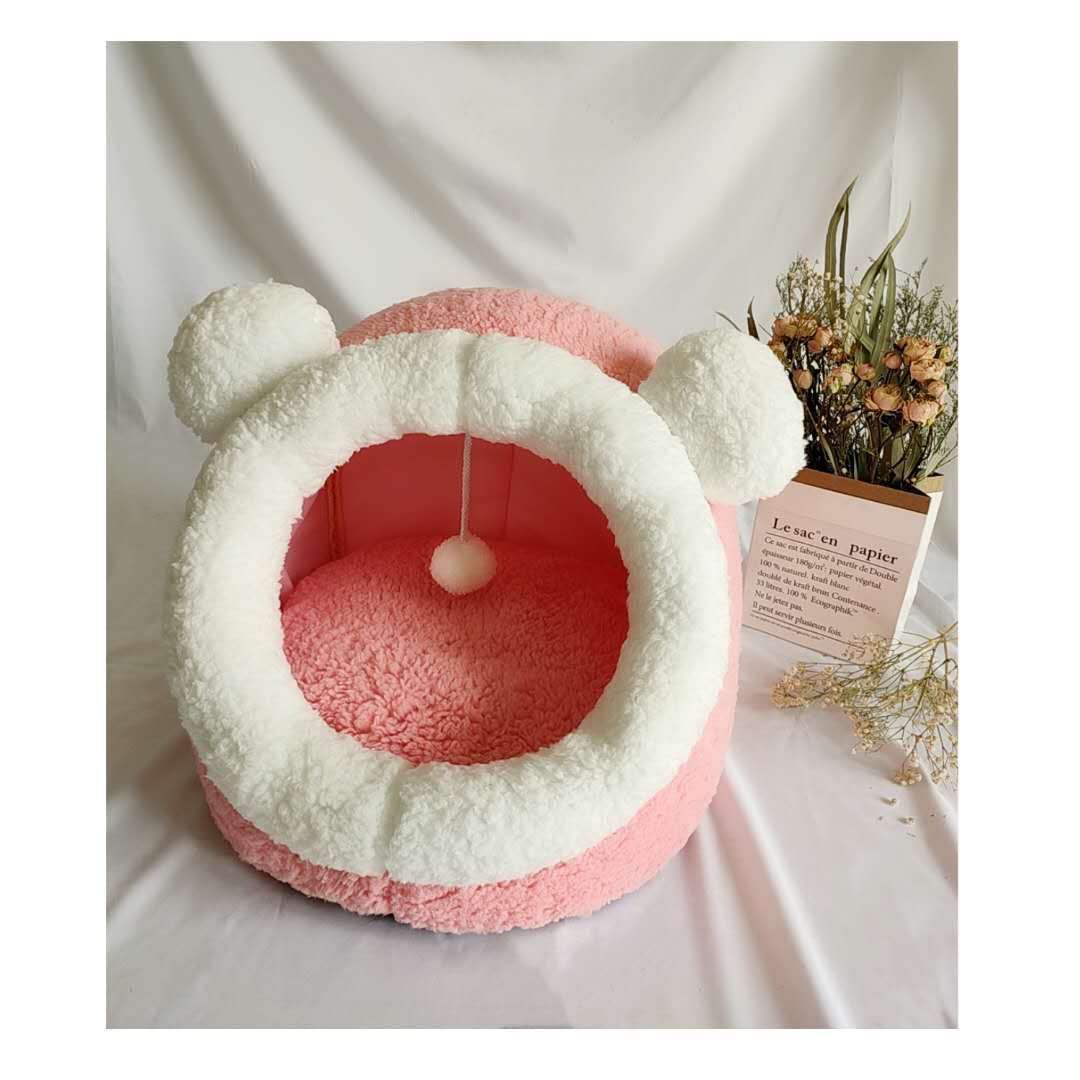 Warm Enclosed Cat Cave Bed – Plush Winter Cat House with Cushion