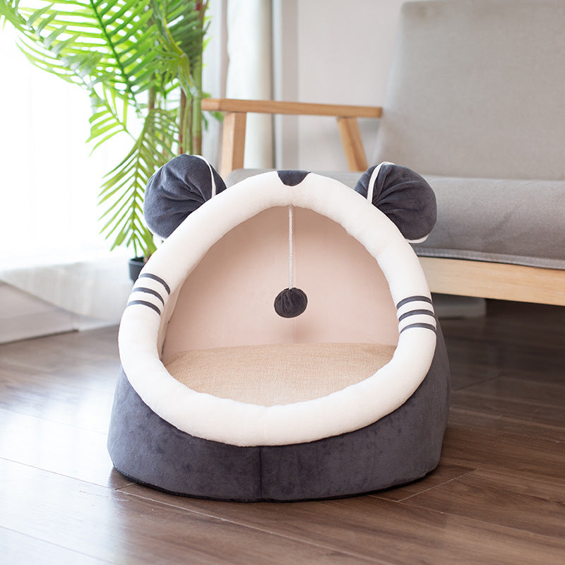 Warm Enclosed Cat Cave Bed – Plush Winter Cat House with Cushion