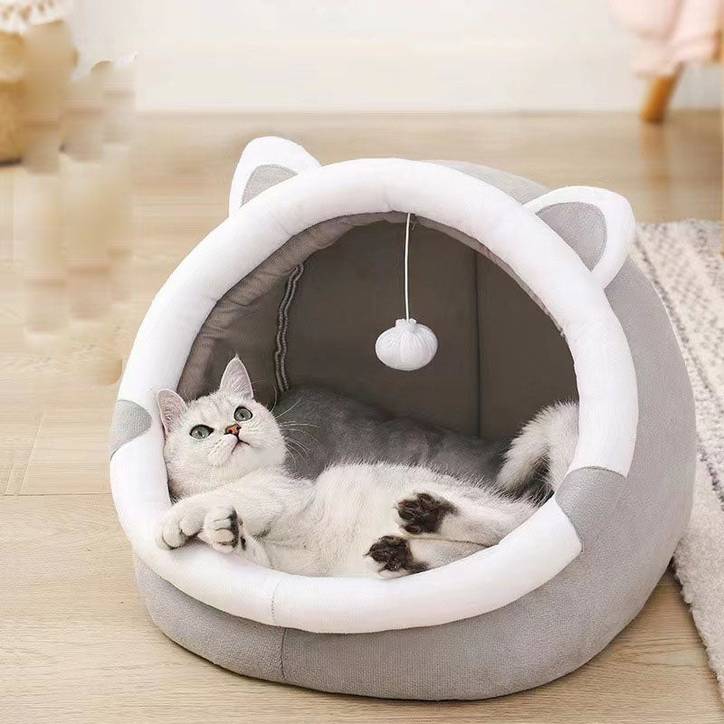 Warm Enclosed Cat Cave Bed – Plush Winter Cat House with Cushion